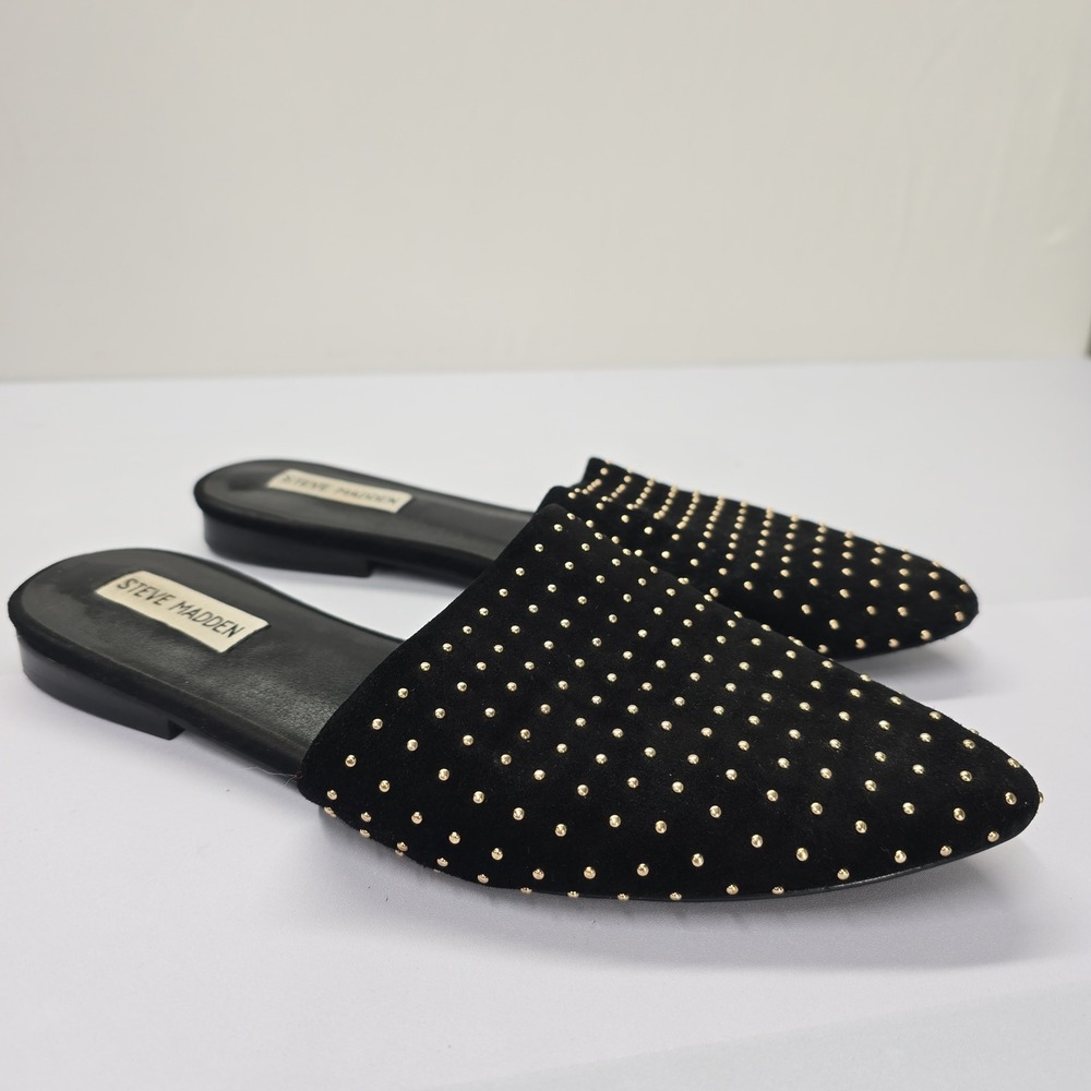 Steve Madden Trace-S Black Suede Gold Studded Pointed Toe Mules Slides Womens 9M
